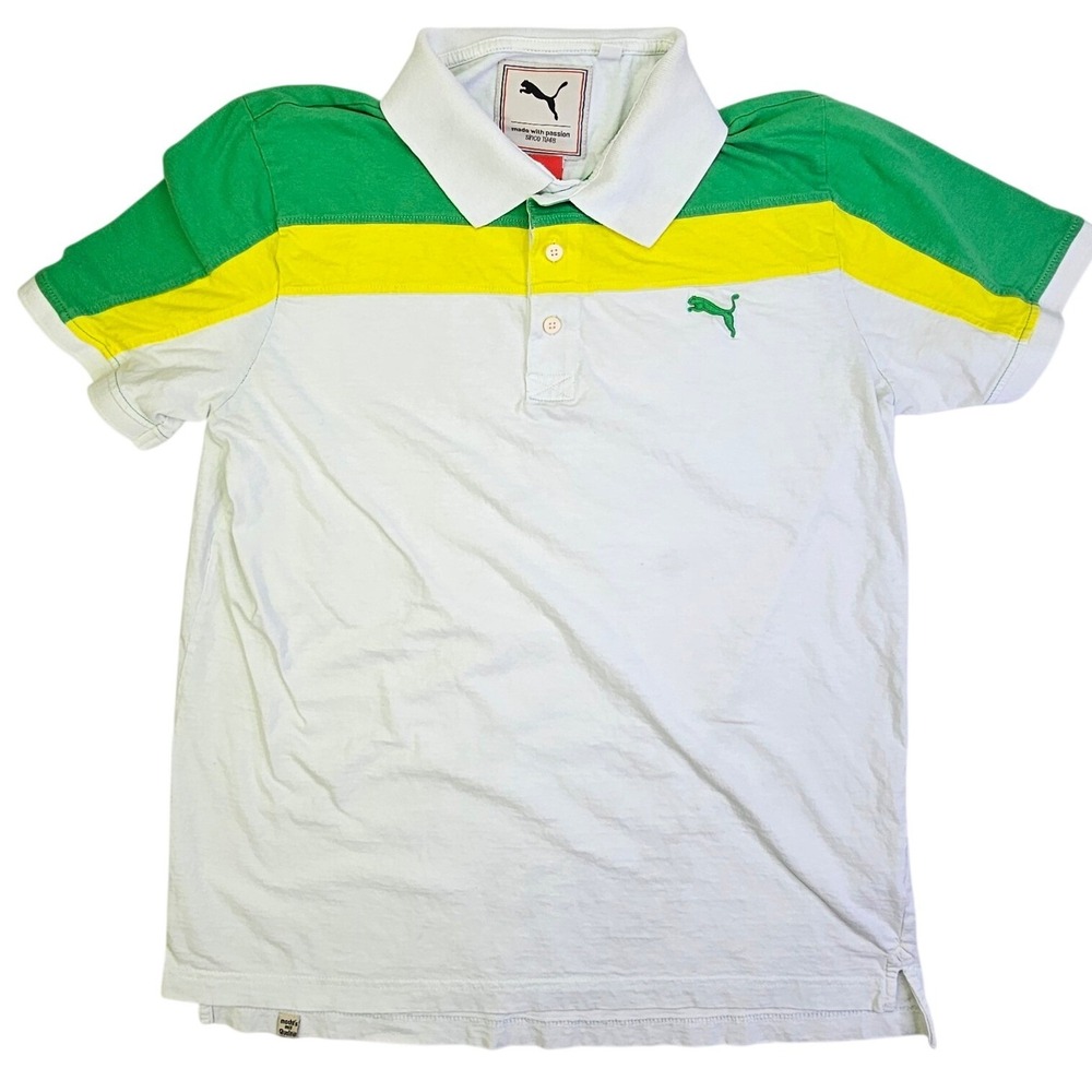 Puma SportLifestyle Mens Large White Green Yellow Colorblock Polo Shirt